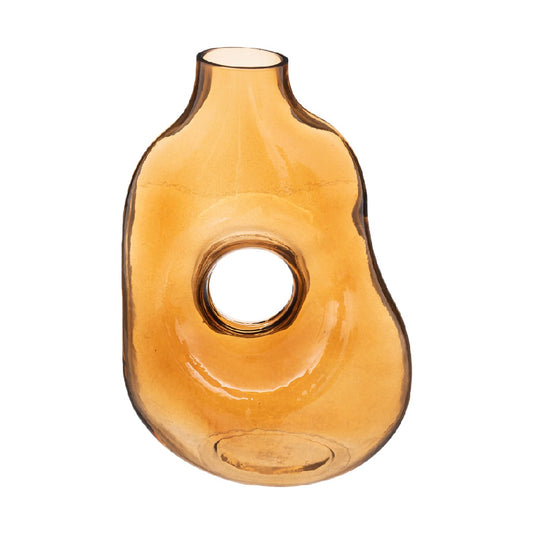 Jarrón decorativo de vidrio ámbar, dise?o orgánico con apertura central